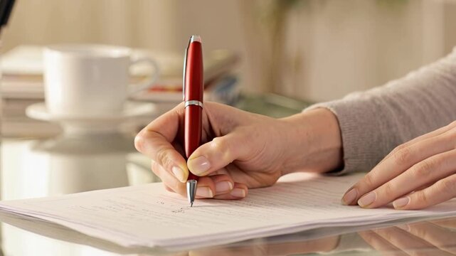 Close up shots of hand writing with red pen on paper with blurred office background showing detailed pen movements and document editing process capturing focused work environment in natural light