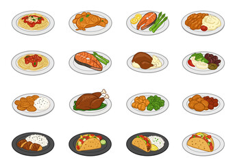 Plates showcase a variety of meals pasta salmon chicken and tacos each distinct in its presentation and ingredients