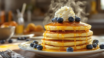 Stack of Pancakes with Syrup Blueberries and Creamy Whipped Topping