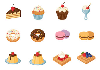 Sweet treats collage cake cupcakes donuts macarons flan waffles and ice cream scoop