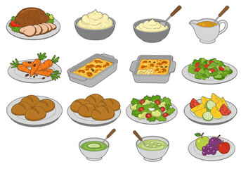 Thanksgiving feast illustration with turkey mashed potatoes salad fruit vegetables soup casserole bread gravy