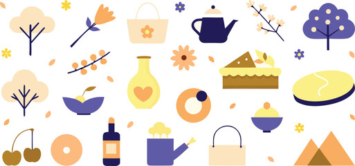 Vector art of a delightful collection of springthemed flat design elements including trees, flowers, and treats isolated on transparent background.