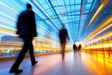 Blurred motion of people in modern urban setting with light trails
