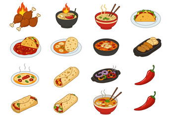 The image shows sixteen drawings of global foods including tacos curries burritos chicken peppers and bowls of ramen