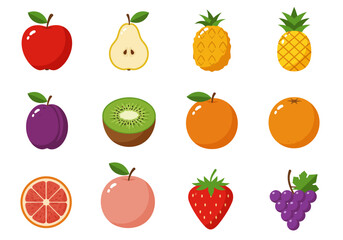The image shows various fruits apple pear pineapple plum kiwi orange grapefruit peach strawberry and grapes