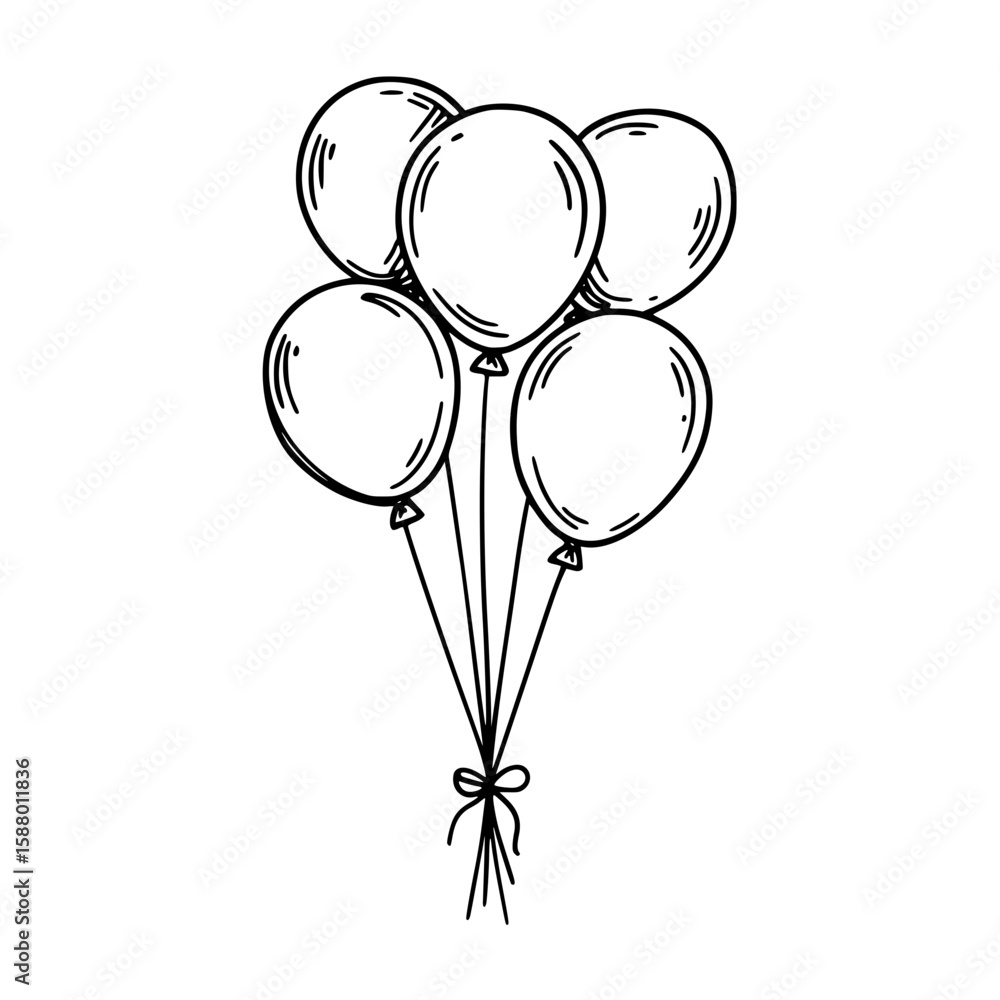Poster sketch of five balloons tied together with bow in line drawing style, isolated vector image on trans