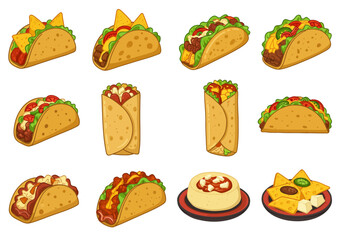 Twelve cartoon illustrations of Mexican food items including tacos burritos a flan and chips with dip arranged in rows