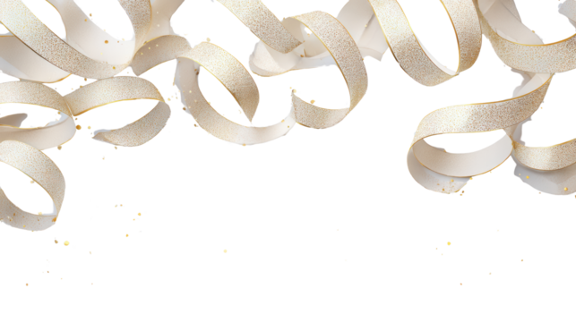 Decorative golden ribbon curls on a transparent background, ideal for festive designs and creative projects.