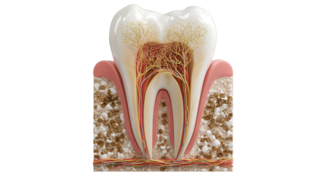 Detailed illustration of a tooth structure, showing roots, nerves, and surrounding tissue, white isolate background.
