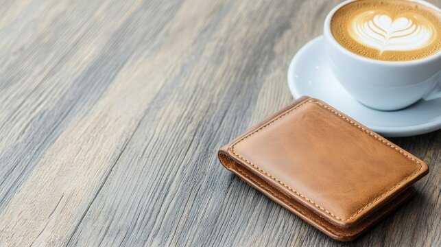A beautifully styled flat lay featuring a brown leather wallet beside a latte with a heart design, perfect for conveying themes of lifestyle, finance, or comfort in blogs and marketing materials,