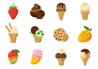 Twelve illustrations of fruit  dessert elements arranged in rows against a white background