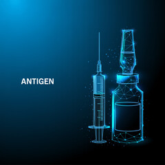 A digital medical illustration of a antigen vial and syringe rendered in a futuristic wireframe style against a deep blue gradie.