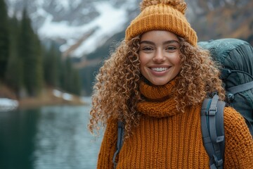 Smiling woman enjoying outdoor adventure during a mountainside autumn hike