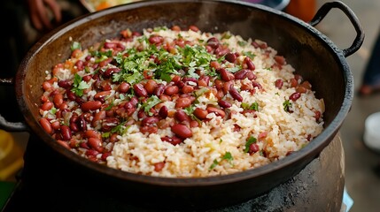 Delicious kidney beans and rice served in a traditional pan, garnished with fresh cilantro for an appetizing appearance.