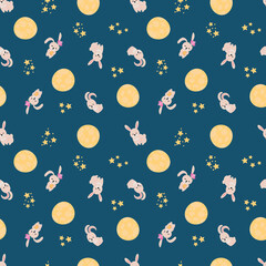 Mid-Autumn Festival Seamless Pattern with Moon and Rabbits. Endless textures for your design