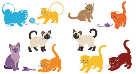 Fototapeta premium Colorful cartoon cats playing with toys and interacting together 