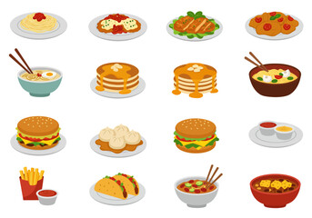 Various foods spaghetti chicken burgers pancakes tacos etc displayed in a grid layout