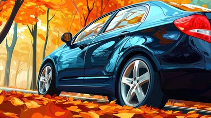 A sleek car parked on a vibrant autumn road surrounded by colorful falling leaves