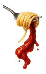 Pasta strands hugging a fork, sauce descending in slow motion