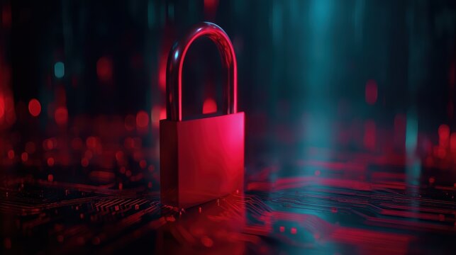 A red padlock stands on a glowing digital circuit board, symbolizing cybersecurity and data protection in a high-tech environment - Powered by Adobe