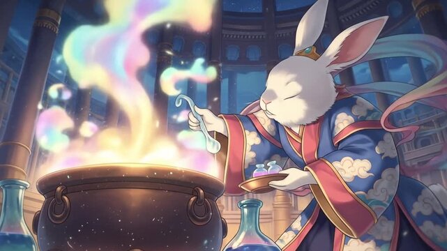 A white rabbit in traditional attire, mixing colorful magical potions in a cauldron, inside a mystical building.