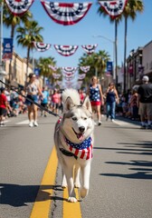 Dog husky wear patriotic red white and blue bandana on 4th July parade street