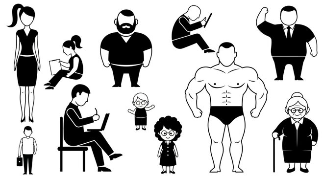 Diverse group of people in various activities and emotions illustrated  