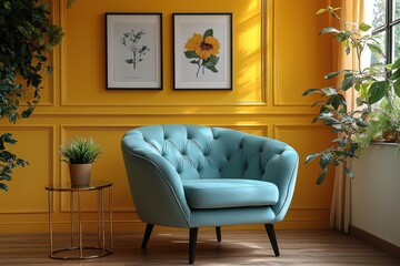 Cozy armchair in bright living room with vibrant yellow walls and plants