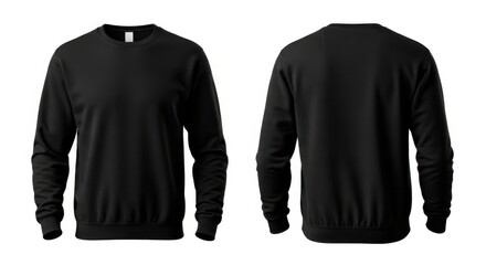 Front and back view of a plain black crewneck sweatshirt on a white background