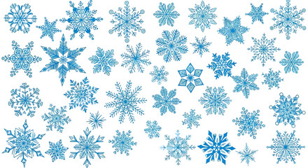 Various blue snowflakes on white background in diverse shapes  
