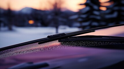 Close-up of a car windshield wiper against a snowy landscape at sunset, reflecting light