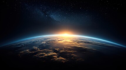 Fototapeta premium The sun rises over the curved horizon of Earth, with a glowing atmosphere and a sky full of stars visible from space