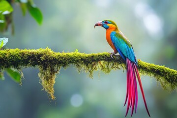 Obraz premium Striking bird with long colorful tail sitting on mossy branch in tropical forest of Costa Rica
