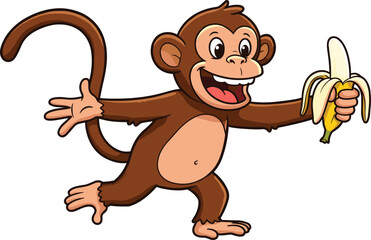 Banana monkey cad drawing flat vector illustration, cartoon brown primate standing with curved tail holding peeled fruit and joyful mouth gesture