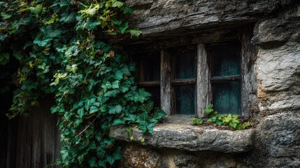 Rustic stone wall with ivy-covered window
