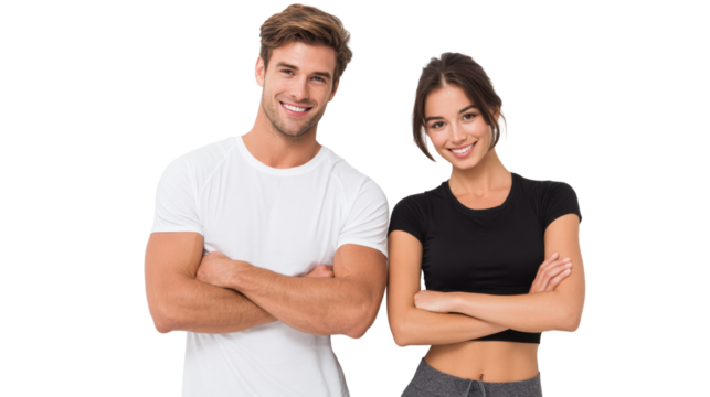 Happy couple in casual attire smiling with arms crossed, isolated on white background.