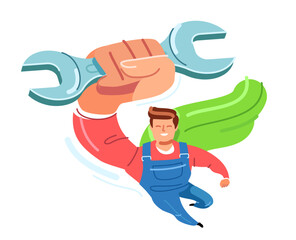 Repair and construction works. Engineer worker with wrench is flying. Technician, mechanic, repairman, builder symbol