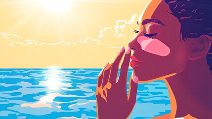 Sunscreen Application - A person applying sunscreen to their face while standing on a bright beach, with the sun reflecting off the water. .