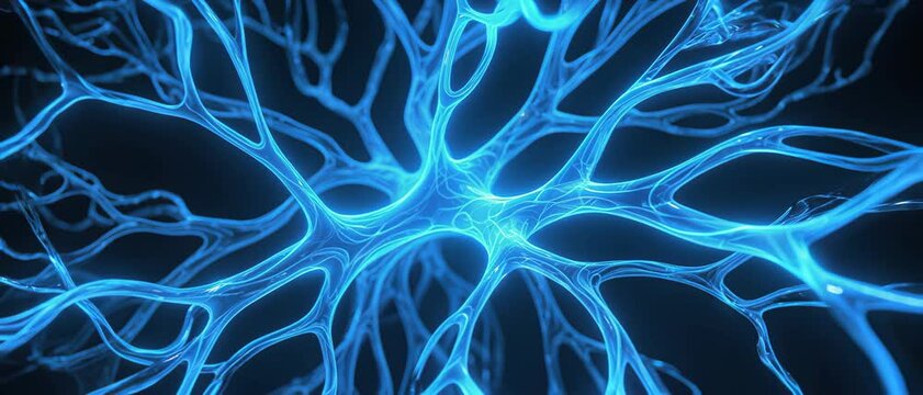 Illuminated Blue Neural Network Illustration in Dark Abstract Space - Brain Biology Technology Concept