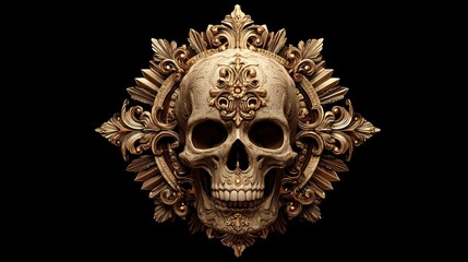 An ornate gold skull with intricate baroque details and floral patterns set against a black background
