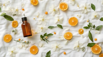 Neroli oil bottle with scattered citrus blossoms on white linen .