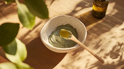 DIY skincare blend: oil added to clay mask on ceramic plate .