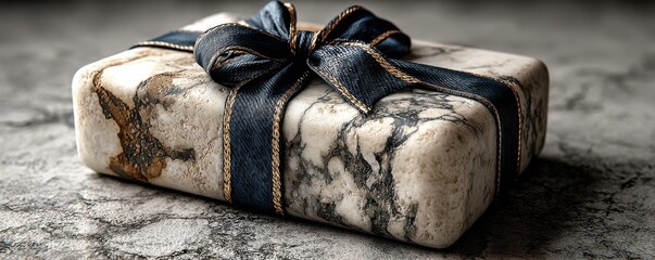 Elegant white marble gift box with navy blue ribbon on textured background