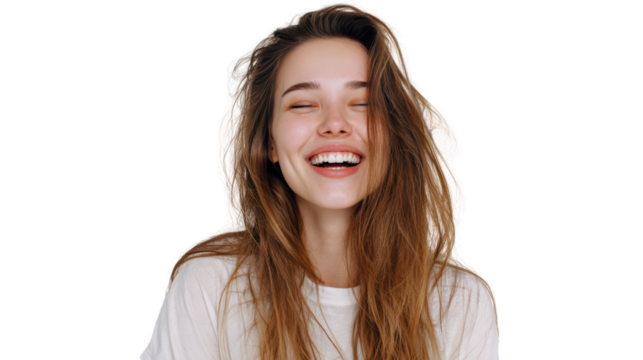 Radiant woman with long hair, smiling warmly against a white background.