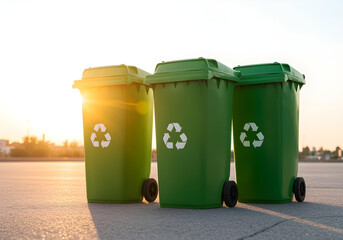 Green recycling bins isolated on white. Three wheelie containers with recycling symbol. Waste management, eco-friendly concept, environmental protection, urban cleaning, ecology.