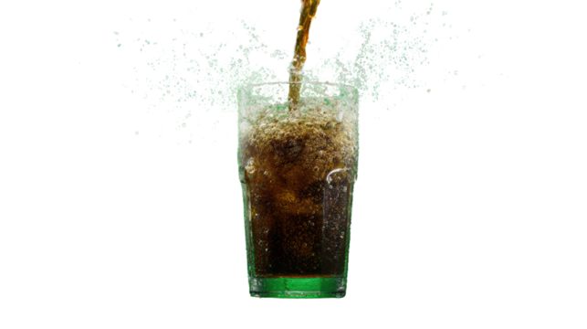 Refreshing soda splash in a glass, capturing the fizz and excitement of a cold beverage.