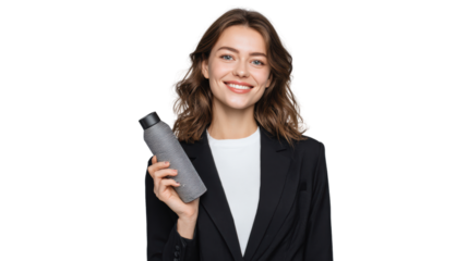 Smiling woman in a black blazer holding a water bottle against a white background.
