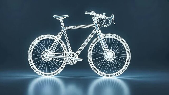 Glowing wireframe bicycle frame wheels seat and handlebars on reflective dark surface