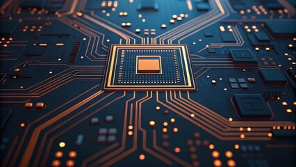 Close up of a central processor chip on a complex electronic circuit board