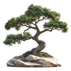Bonsai tree isolated on white, showcasing intricate branches and leaves.